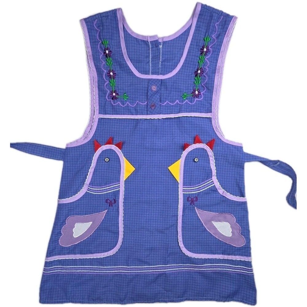Vtg Mexican Apron Purple Applique Chicken Tie Back Embroidered Floral Folk Art L